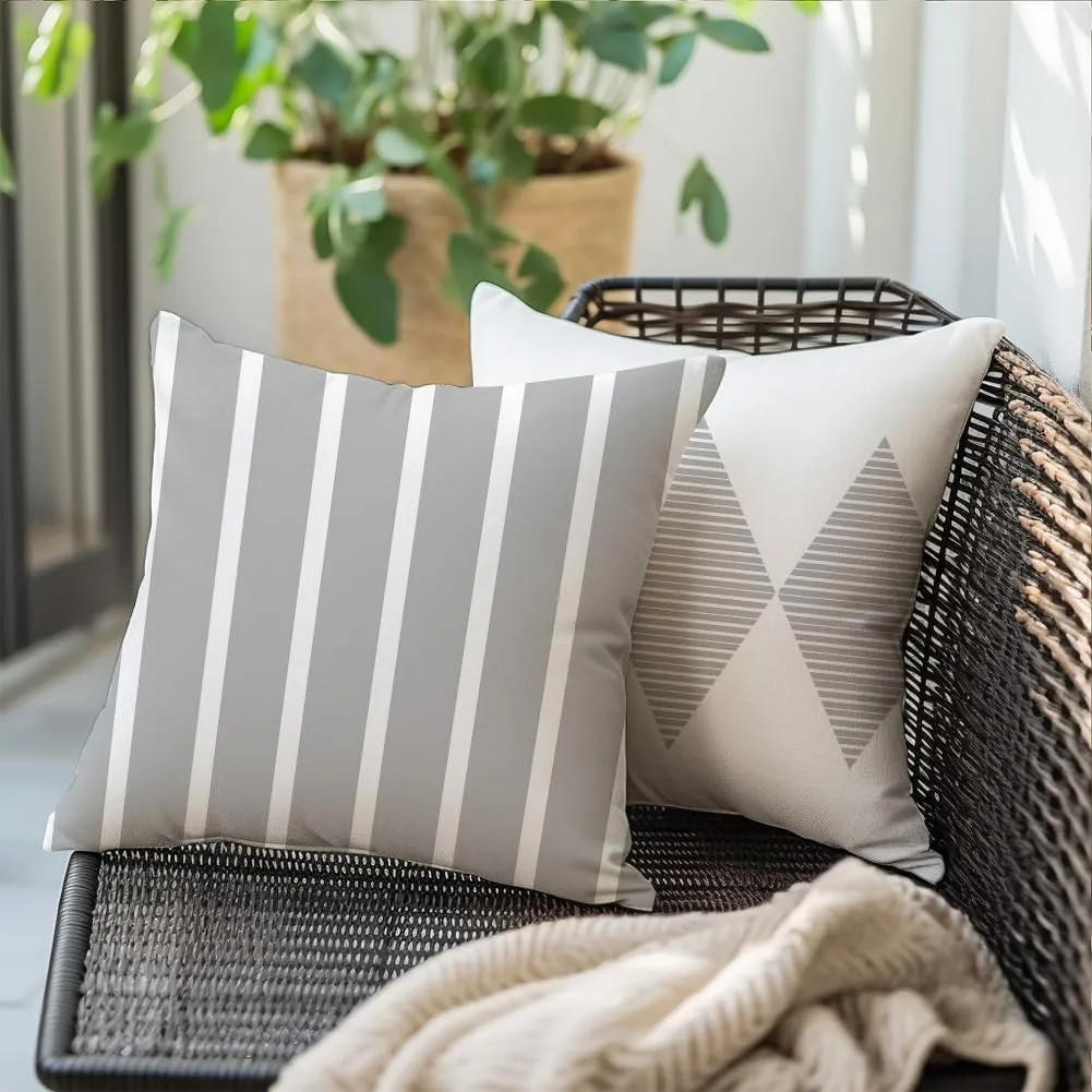 RABUSOFA Outdoor Pillow Covers 20x20 inch Waterproof,Gray and White Boho Set of 4 for Patio Furniture Sunbrella Couch(2G-20) (Grey and White, 20" x 20" (Pack of 4))