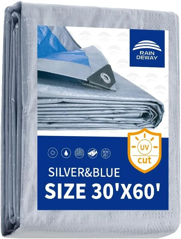 RAINDEWAY Large Tarps 30x60 Feet, 5.5 Mil - Multipurpose Waterproof Poly Tarp Cover with Metal Grommets and Reinforced Edges, Silver/Blue