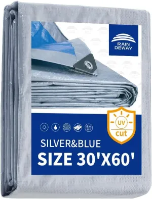 RAINDEWAY Large Tarps 30x60 Feet, 5.5 Mil - Multipurpose Waterproof Poly Tarp Cover with Metal Grommets and Reinforced Edges, Silver/Blue