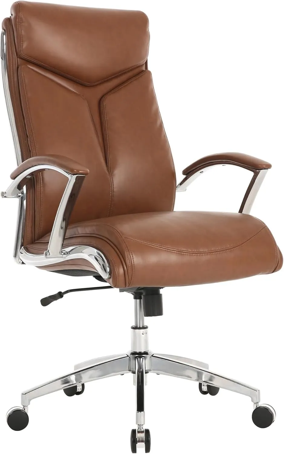 Realspace® Modern Comfort Verismo Bonded Leather High-Back Executive Office Chair, Brown/Chrome, BIFMA Compliant