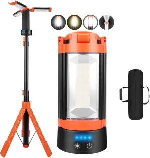 Rechargeable Camping Light with Stand, 73.2" Cordless Work Light, 5000LM, 100W LEDUSB-C Fast Charge 360° Adjustable, 5 Modes & 48H Runtime, Camping Lights for Outdoor, Job Site, Garage, Emergency