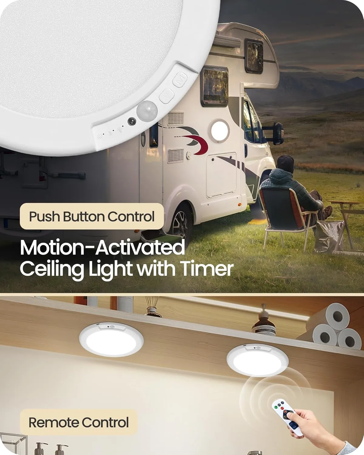 Rechargeable Motion Sensor Ceiling Light with Remote, Wireless Ceiling Light Battery Operated, No Wiring, Magnetic, 3 Colors, Dimmable LED for Shower Closet Bathroom Stairs Pantry Hallway Porch