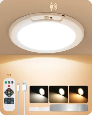 Rechargeable Motion Sensor Ceiling Light with Remote, Wireless Ceiling Light Battery Operated, No Wiring, Magnetic, 3 Colors, Dimmable LED for Shower Closet Bathroom Stairs Pantry Hallway Porch