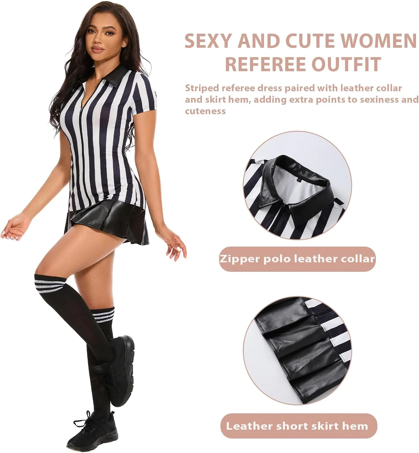redgino 5 Pcs Women Referee Costume Set Sexy Long Zipper Ref Shirt Skirt Hat Socks Whistle Football Halloween Cosplay