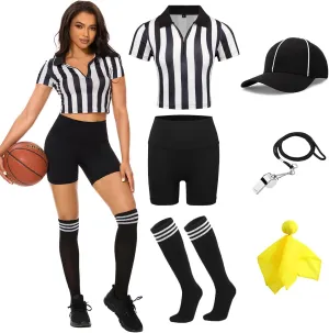 redgino 6 Pcs Women Referee Costume Set Crop Top Sexy Zipper Ref Shirt Shorts Hat Socks Whistle for Football Halloween Party