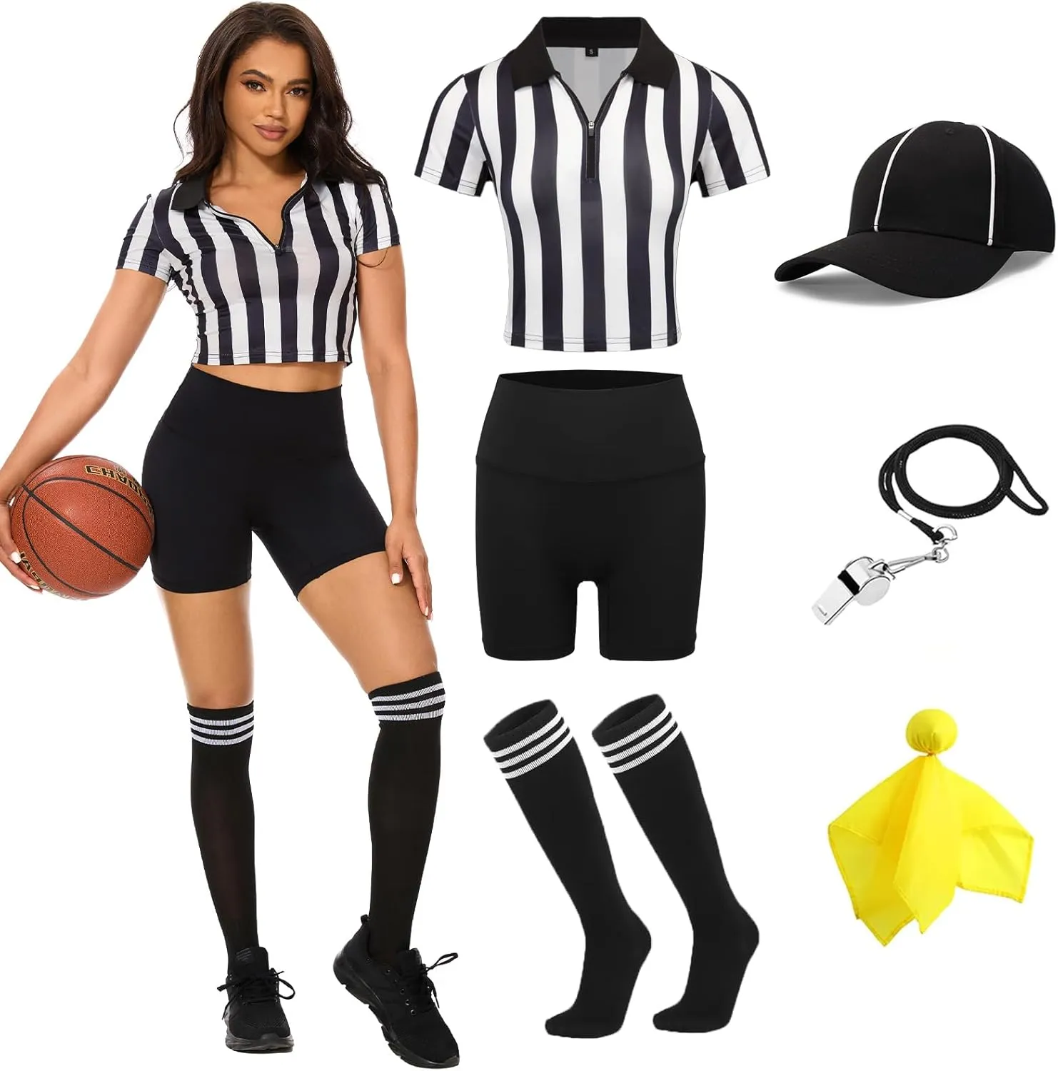 redgino 6 Pcs Women Referee Costume Set Crop Top Sexy Zipper Ref Shirt Shorts Hat Socks Whistle for Football Halloween Party