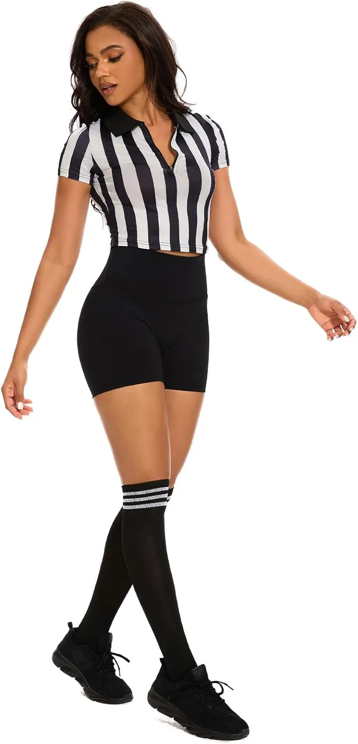 redgino 6 Pcs Women Referee Costume Set Crop Top Sexy Zipper Ref Shirt Shorts Hat Socks Whistle for Football Halloween Party
