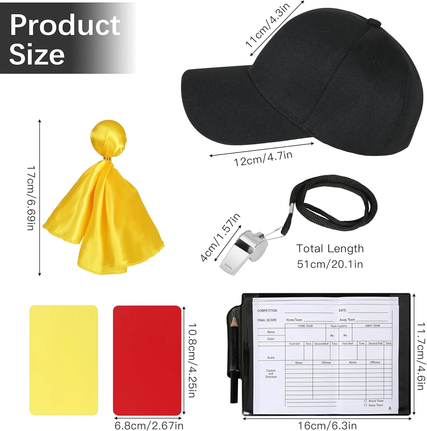 Referee Shirt Costume Men Black White Stripe Neck, Referee Cards, Referee Hat, Penalty Flag Gear for Football Soccer, Whistle