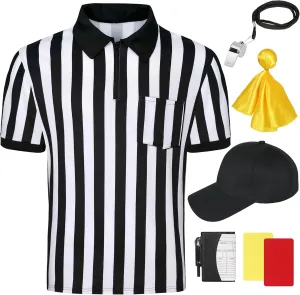 Referee Shirt Costume Men Black White Stripe Neck, Referee Cards, Referee Hat, Penalty Flag Gear for Football Soccer, Whistle
