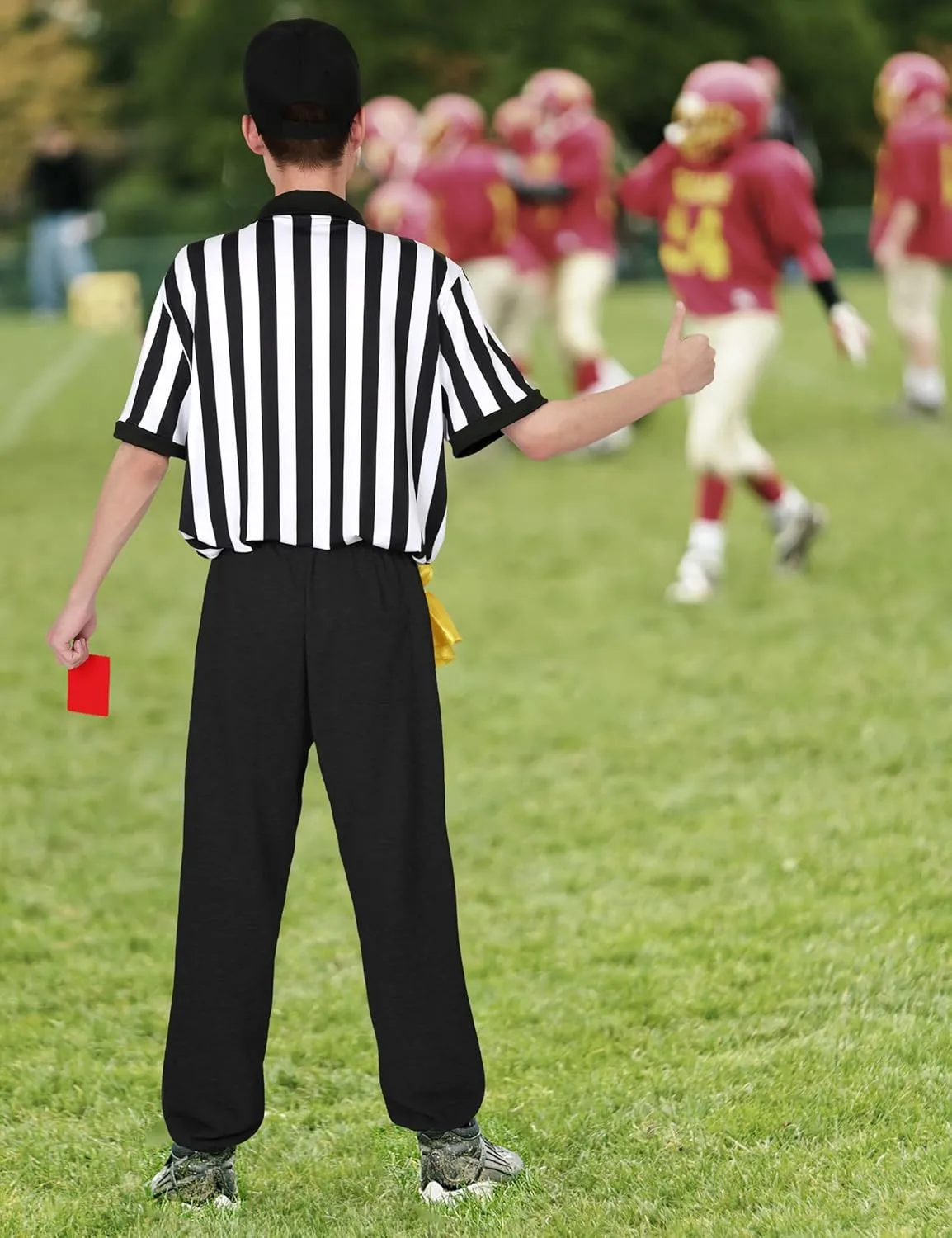 Referee Shirt Costume Men Black White Stripe Neck, Referee Cards, Referee Hat, Penalty Flag Gear for Football Soccer, Whistle