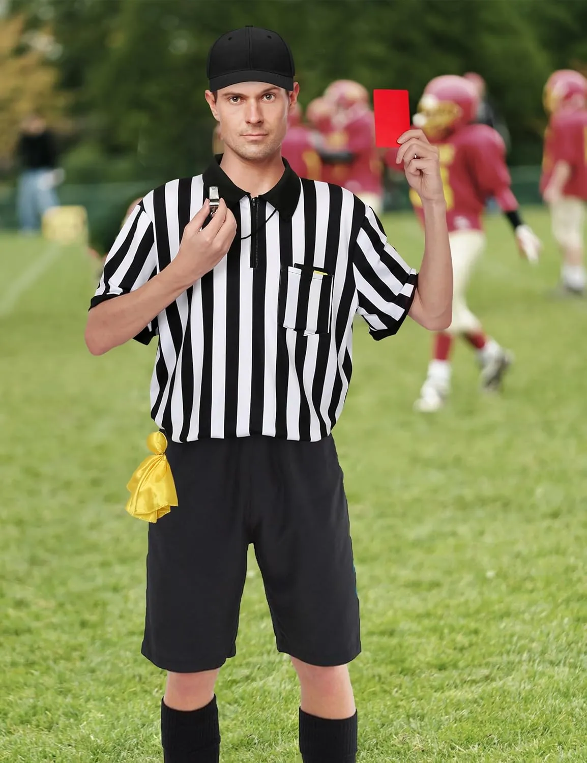 Referee Shirt Costume Men Black White Stripe Neck, Referee Cards, Referee Hat, Penalty Flag Gear for Football Soccer, Whistle