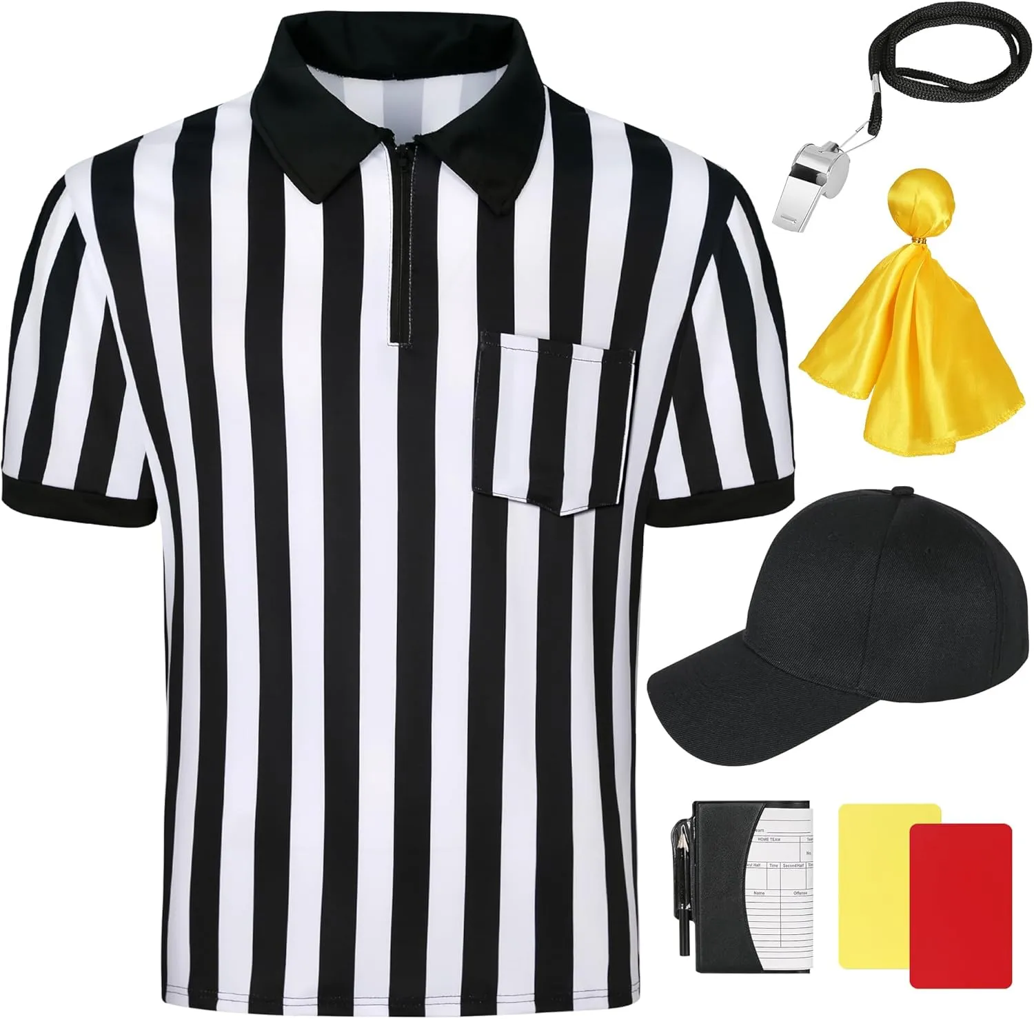 Referee Shirt Costume Men Black White Stripe Neck, Referee Cards, Referee Hat, Penalty Flag Gear for Football Soccer, Whistle