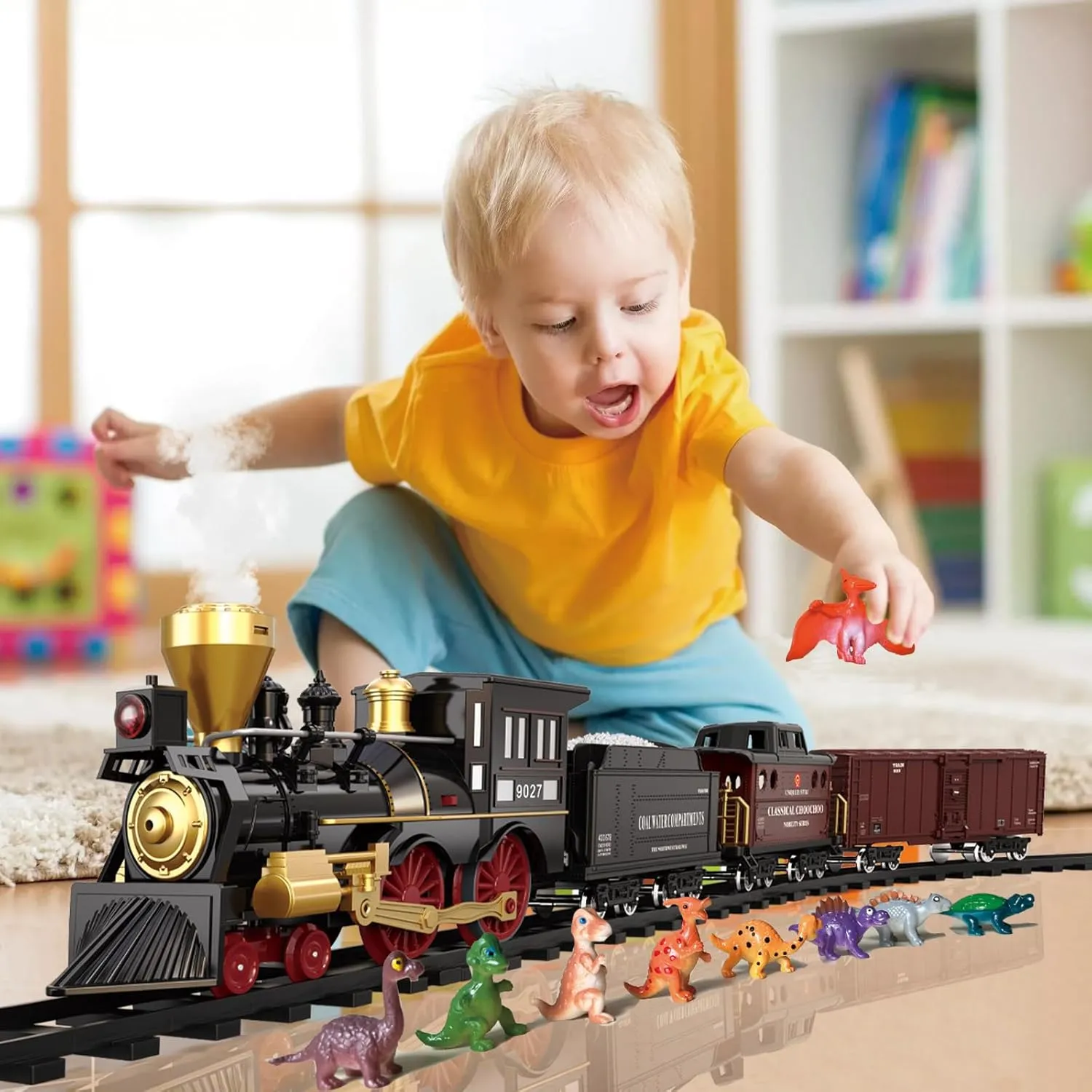 Remote Control Train Set for Kids Electric Steam Engine Locomotive, Cargo Car & Tracks,Trains w/Realistic Smoke,Sounds & Lights,Rechargeable Birthday Gifts for 3 4 5 6 7  Years Old Boys Girls … …
