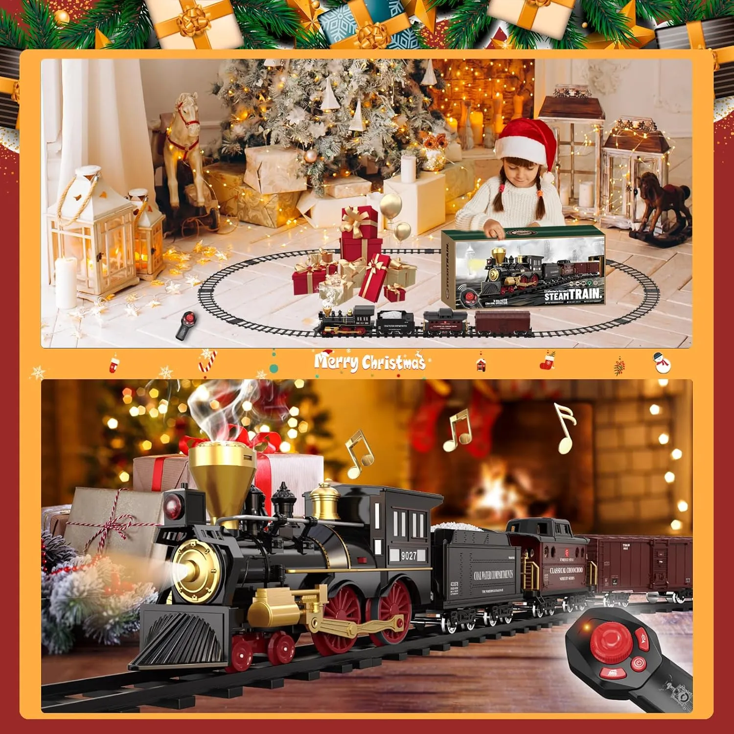 Remote Control Train Set for Kids Electric Steam Engine Locomotive, Cargo Car & Tracks,Trains w/Realistic Smoke,Sounds & Lights,Rechargeable Birthday Gifts for 3 4 5 6 7  Years Old Boys Girls … …