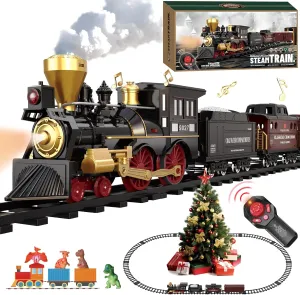 Remote Control Train Set for Kids Electric Steam Engine Locomotive, Cargo Car & Tracks,Trains w/Realistic Smoke,Sounds & Lights,Rechargeable Birthday Gifts for 3 4 5 6 7  Years Old Boys Girls … …
