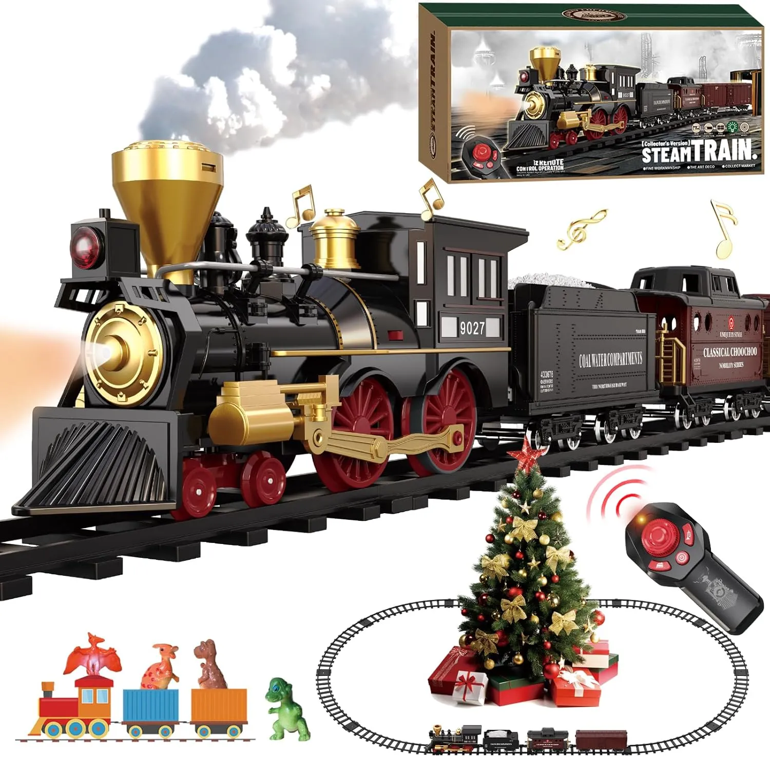 Remote Control Train Set for Kids Electric Steam Engine Locomotive, Cargo Car & Tracks,Trains w/Realistic Smoke,Sounds & Lights,Rechargeable Birthday Gifts for 3 4 5 6 7  Years Old Boys Girls … …
