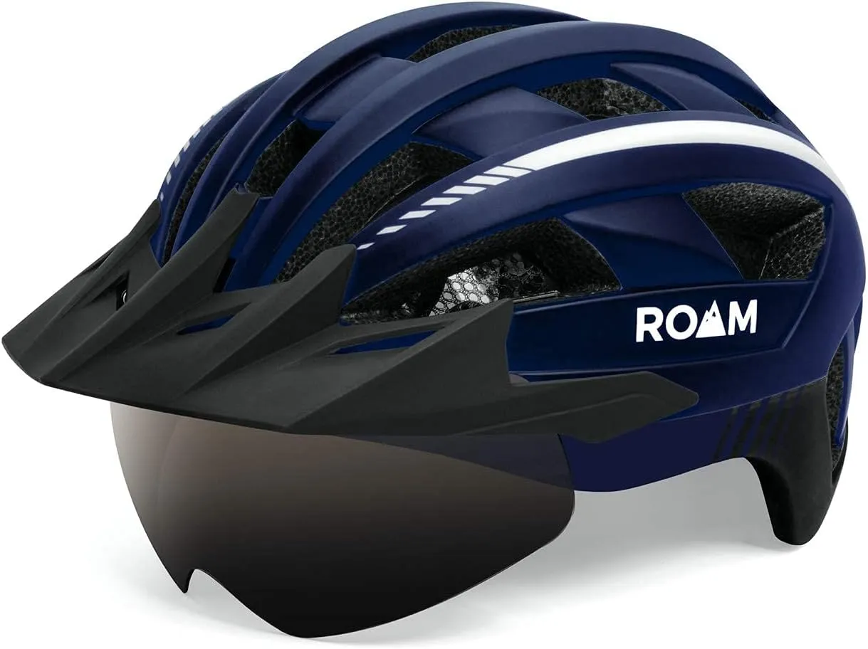 Roam Road Bike Helmet - Durable Helmets for Adults with Sun Visor, LED Light and Detachable Magnetic Goggles - Adjustable Size - Mountain Bicycle Helmet for Adult Men & Women﻿