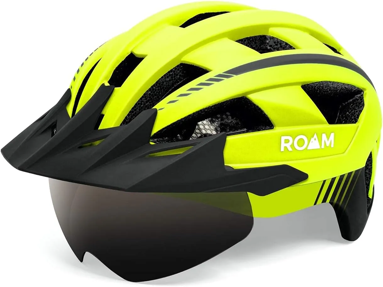 Roam Road Bike Helmet - Durable Helmets for Adults with Sun Visor, LED Light and Detachable Magnetic Goggles - Adjustable Size - Mountain Bicycle Helmet for Adult Men & Women﻿