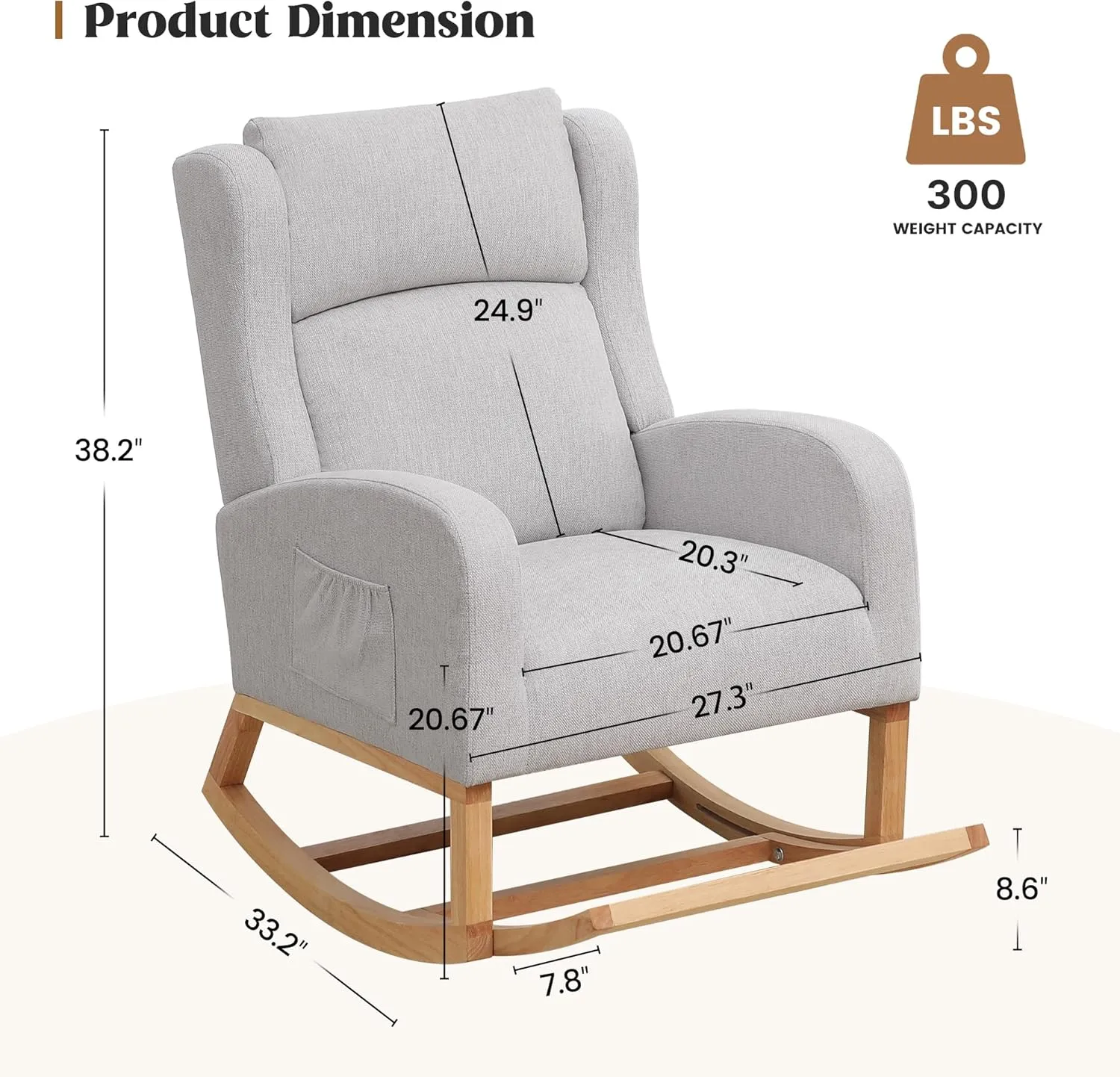 Rocking Chair Nursery, Nursing Rocking Chairs with Foot Rest for Mom Nursery, Comfy Wingback Glider Rocking Armchair with Side Pocket for Nursery Living Room Bedroom, Grey