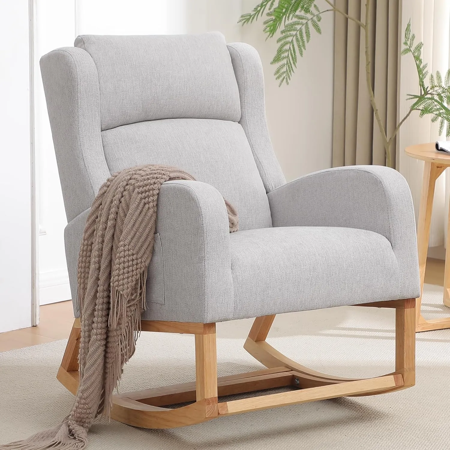 Rocking Chair Nursery, Nursing Rocking Chairs with Foot Rest for Mom Nursery, Comfy Wingback Glider Rocking Armchair with Side Pocket for Nursery Living Room Bedroom, Grey