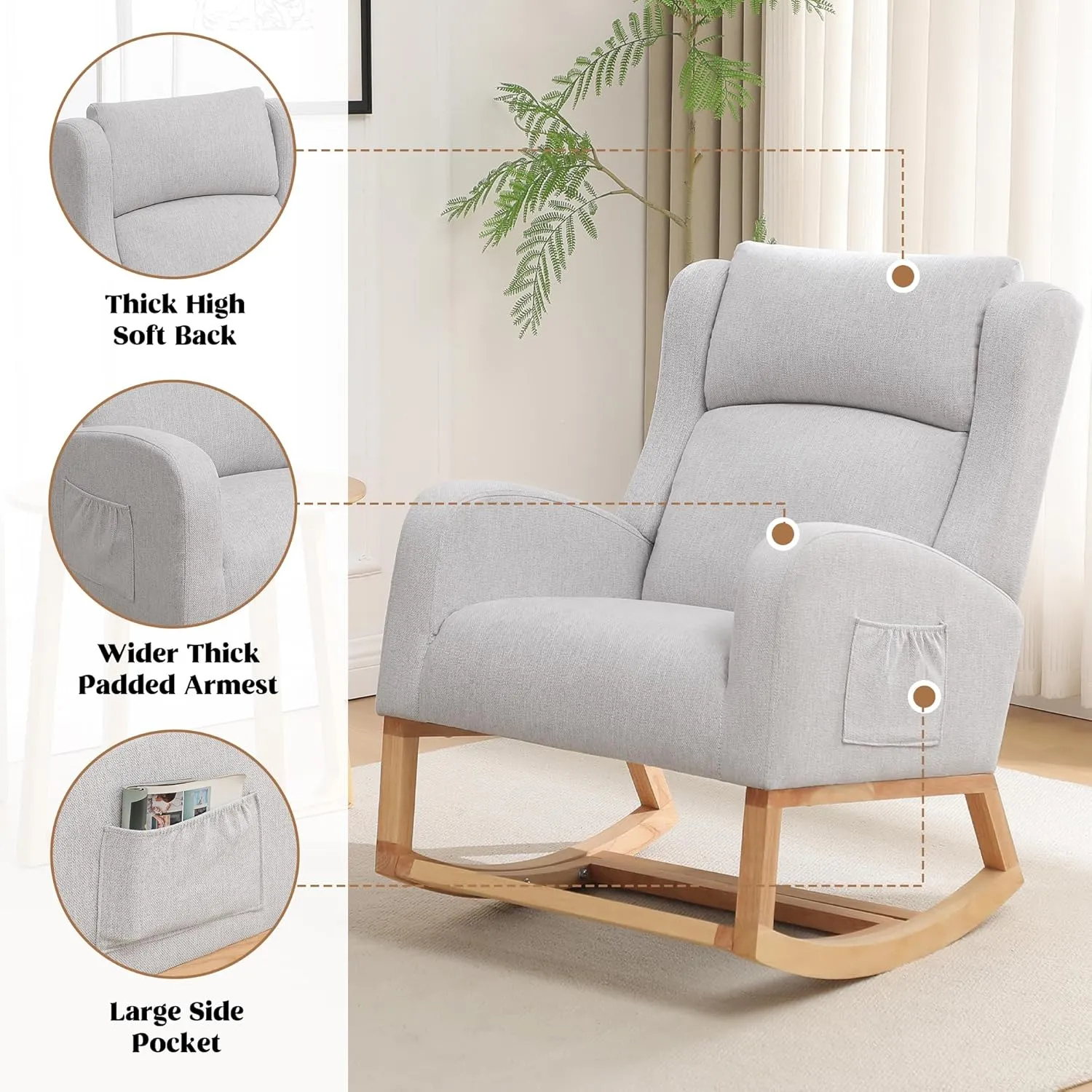 Rocking Chair Nursery, Nursing Rocking Chairs with Foot Rest for Mom Nursery, Comfy Wingback Glider Rocking Armchair with Side Pocket for Nursery Living Room Bedroom, Grey