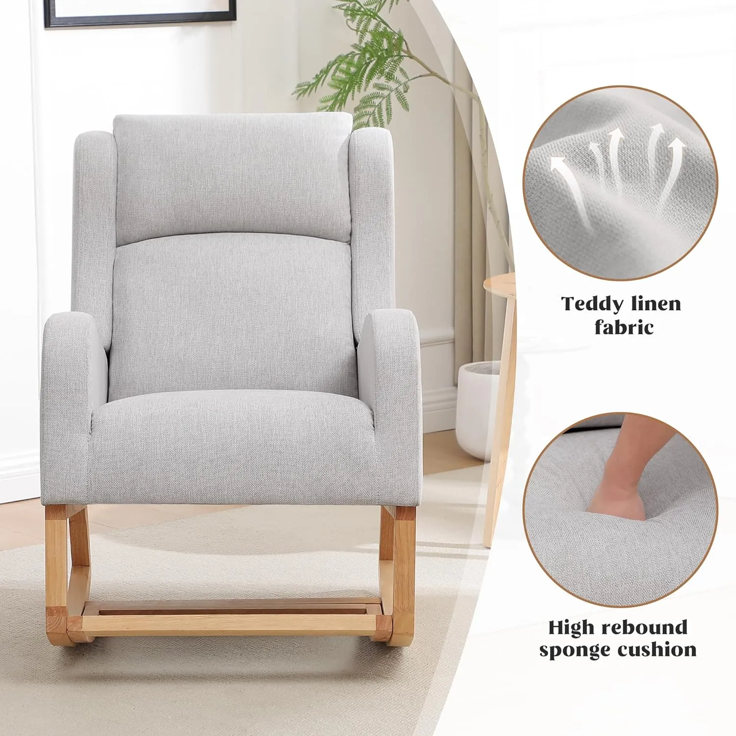 Rocking Chair Nursery, Nursing Rocking Chairs with Foot Rest for Mom Nursery, Comfy Wingback Glider Rocking Armchair with Side Pocket for Nursery Living Room Bedroom, Grey