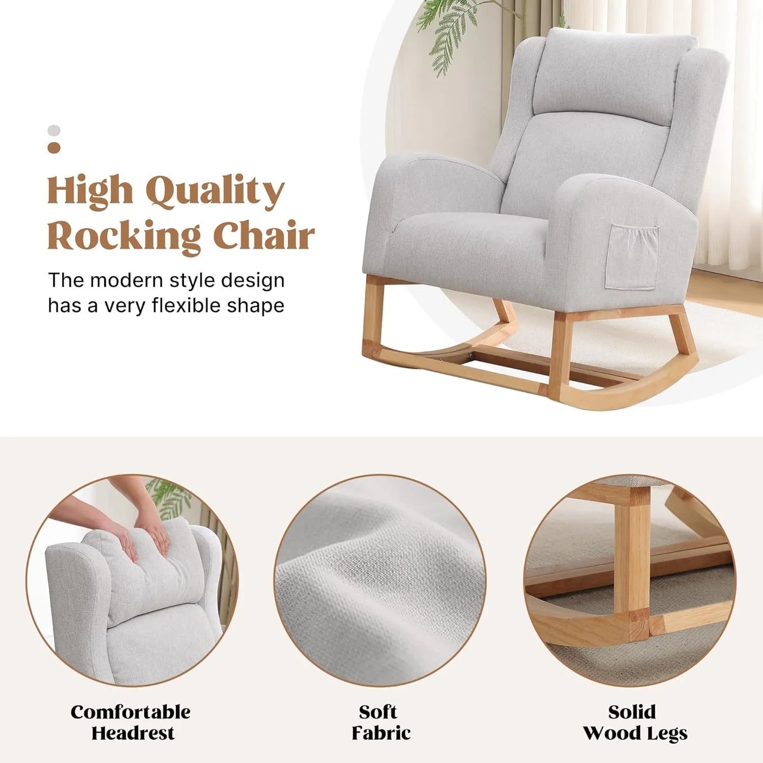 Rocking Chair Nursery, Nursing Rocking Chairs with Foot Rest for Mom Nursery, Comfy Wingback Glider Rocking Armchair with Side Pocket for Nursery Living Room Bedroom, Grey