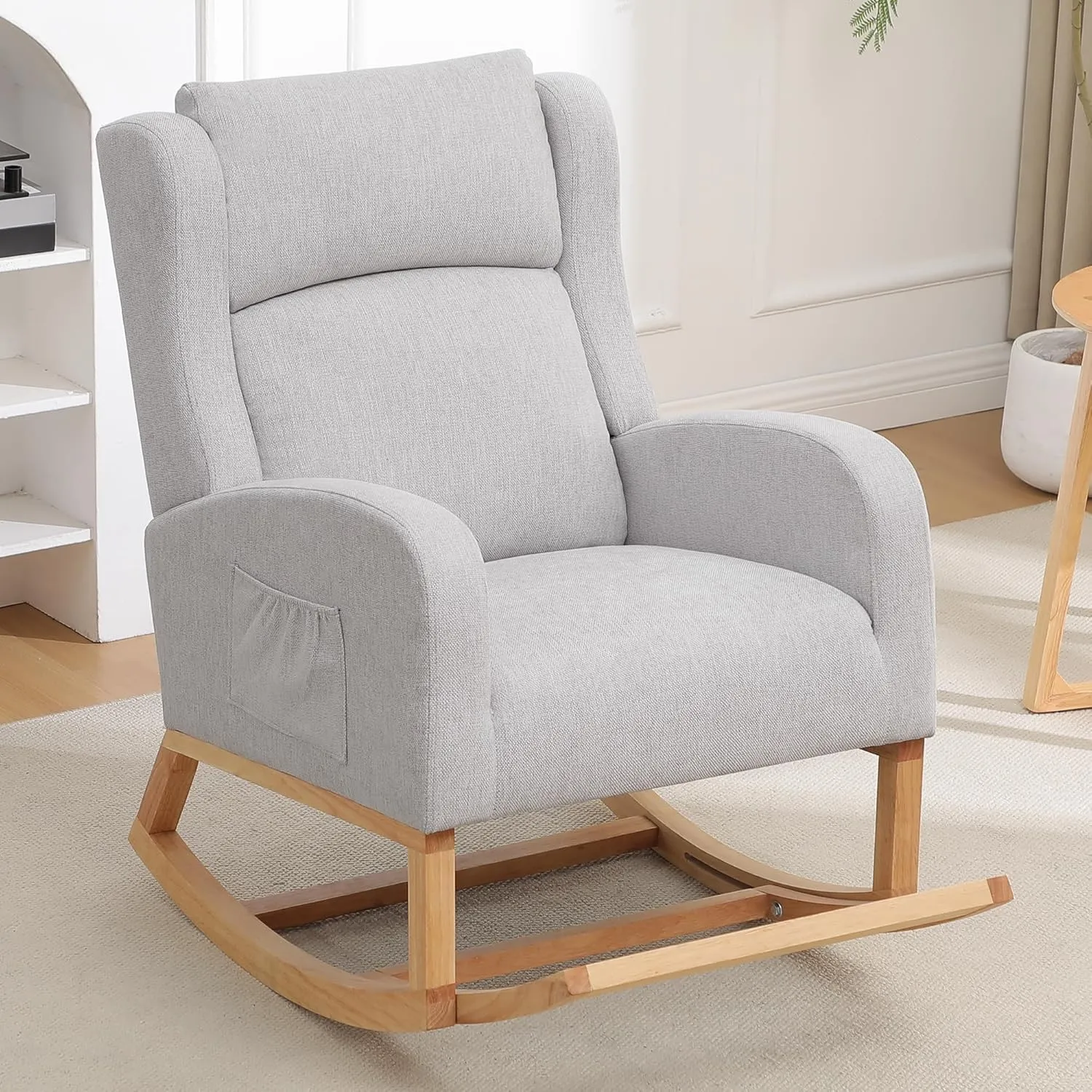 Rocking Chair Nursery, Nursing Rocking Chairs with Foot Rest for Mom Nursery, Comfy Wingback Glider Rocking Armchair with Side Pocket for Nursery Living Room Bedroom, Grey