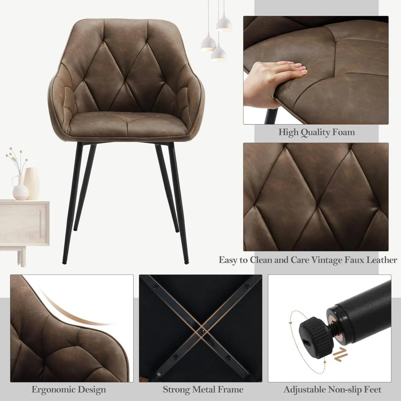 Rootz Dining Chair Set of 6 - Vintage Faux Leather Chairs - Comfortable Seating - Robust Metal Legs - Ergonomic Design - 56cm x 83.5cm x 53cm
