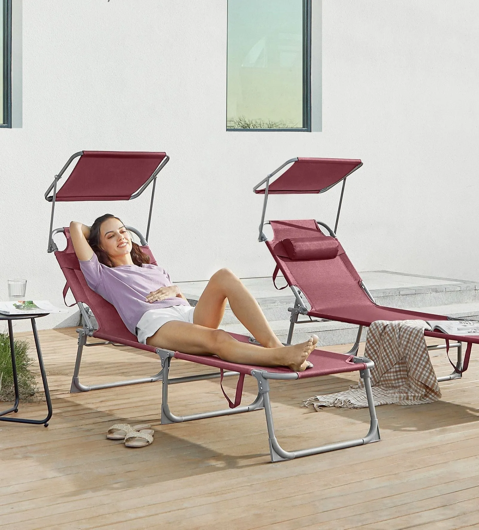 Rootz Folding Deck Chair - Sun Lounger - Reclining Chair - Sun Protection - 53cm x 193cm x 29cm
