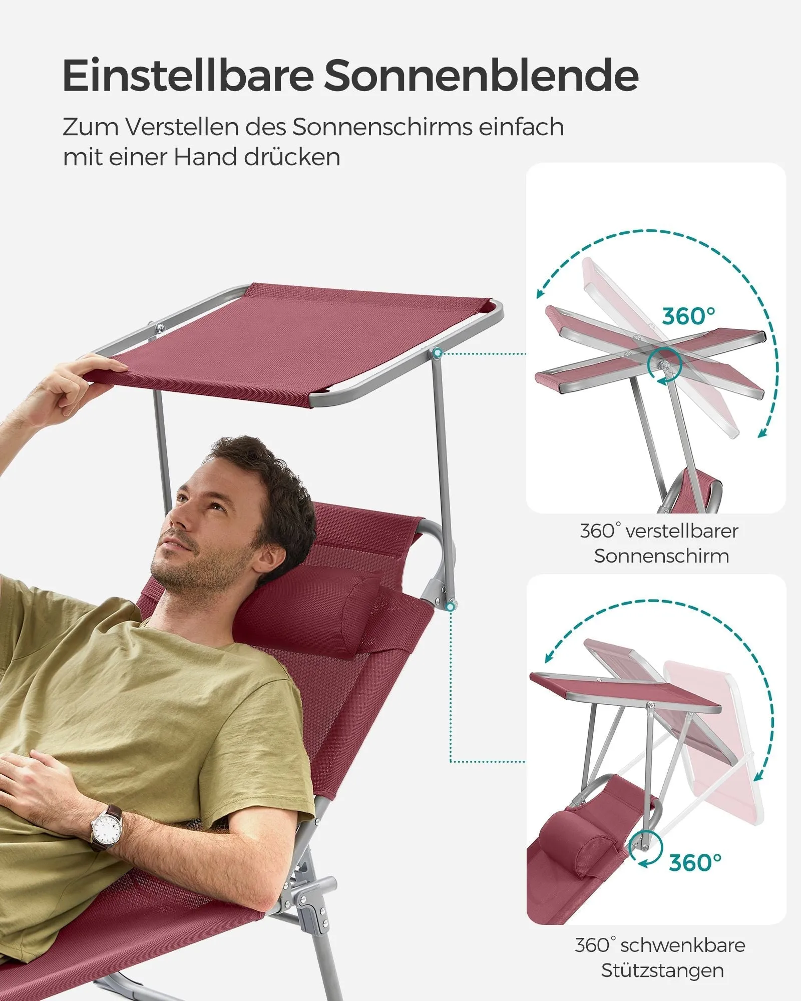 Rootz Folding Deck Chair - Sun Lounger - Reclining Chair - Sun Protection - 53cm x 193cm x 29cm