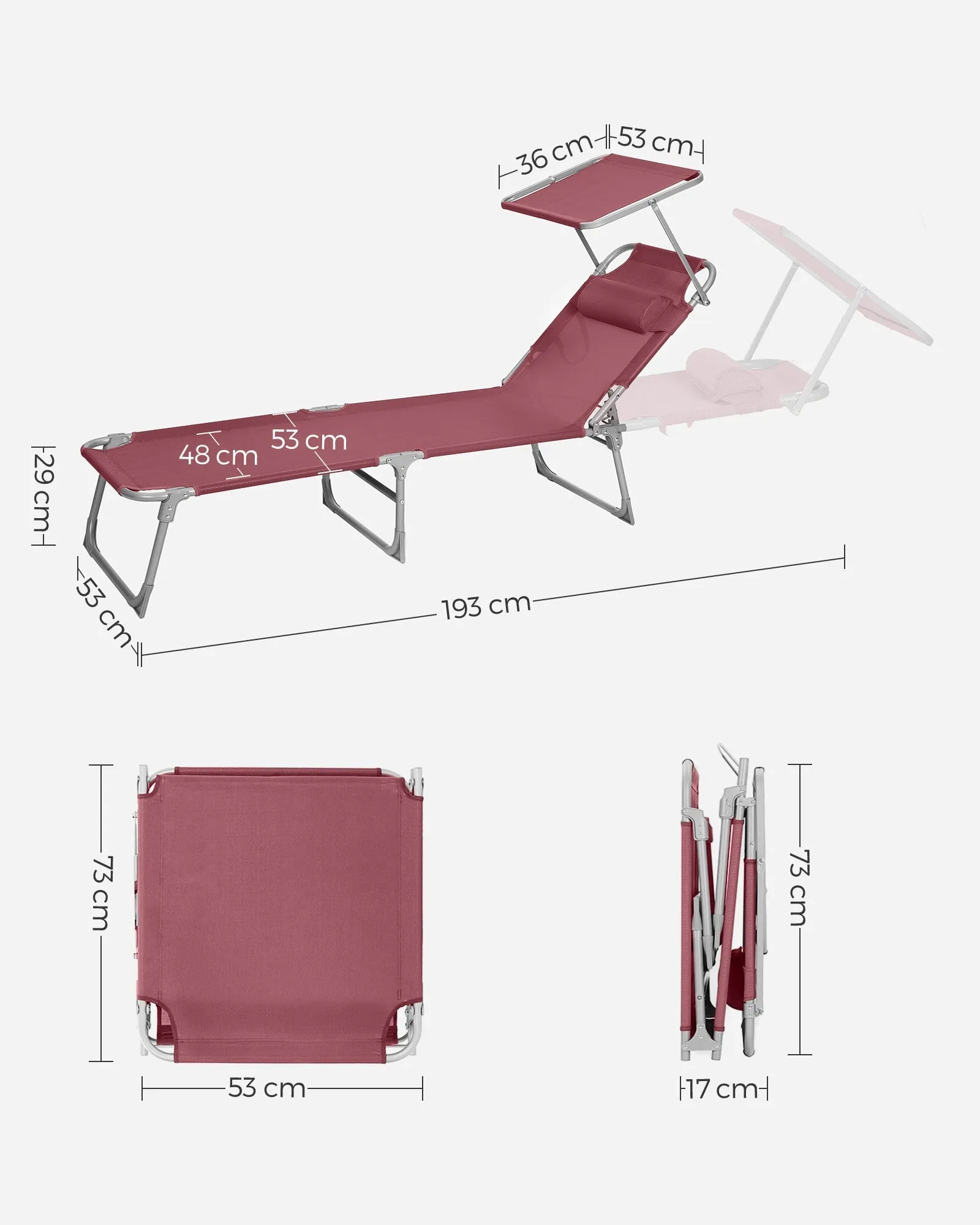 Rootz Folding Deck Chair - Sun Lounger - Reclining Chair - Sun Protection - 53cm x 193cm x 29cm