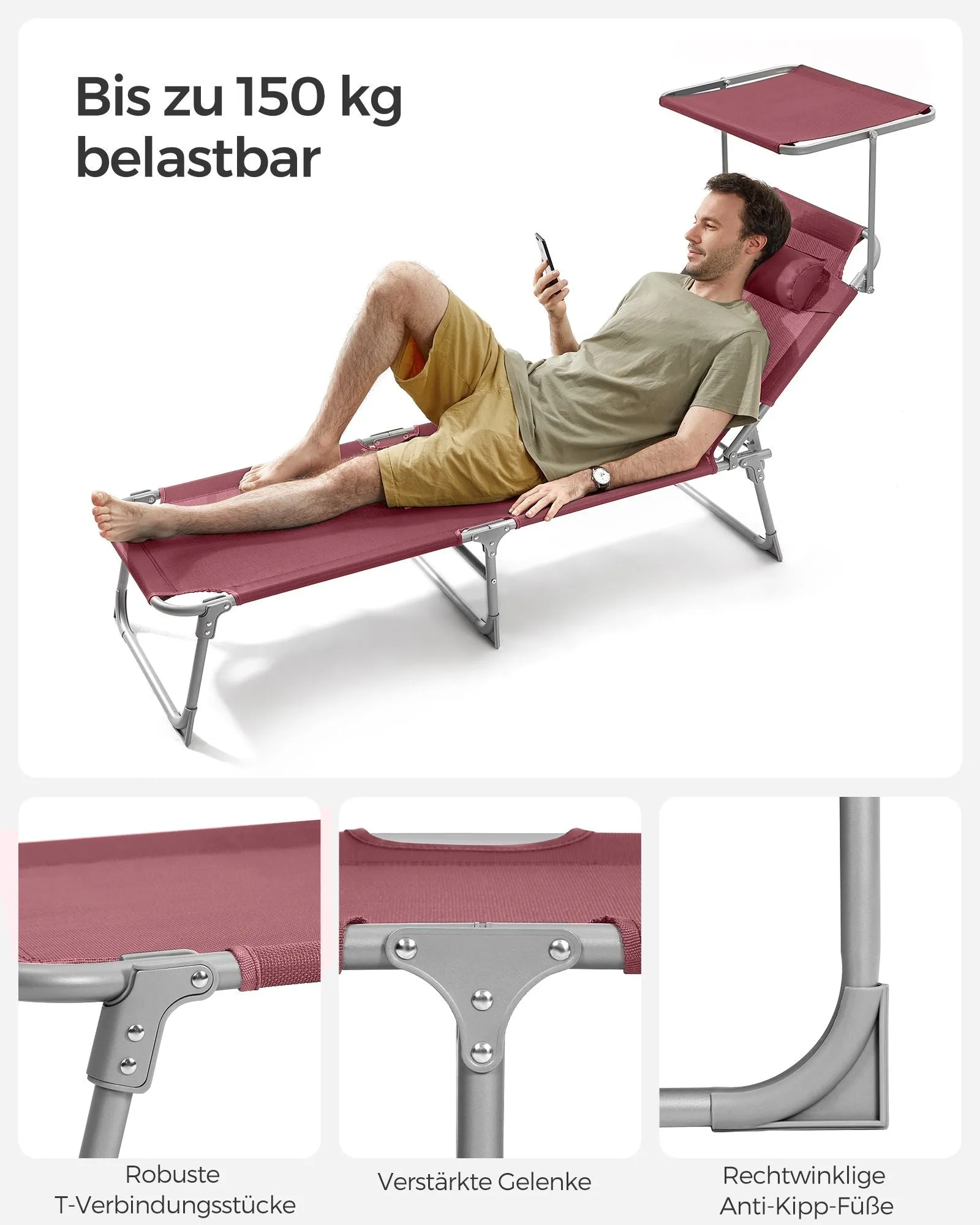 Rootz Folding Deck Chair - Sun Lounger - Reclining Chair - Sun Protection - 53cm x 193cm x 29cm