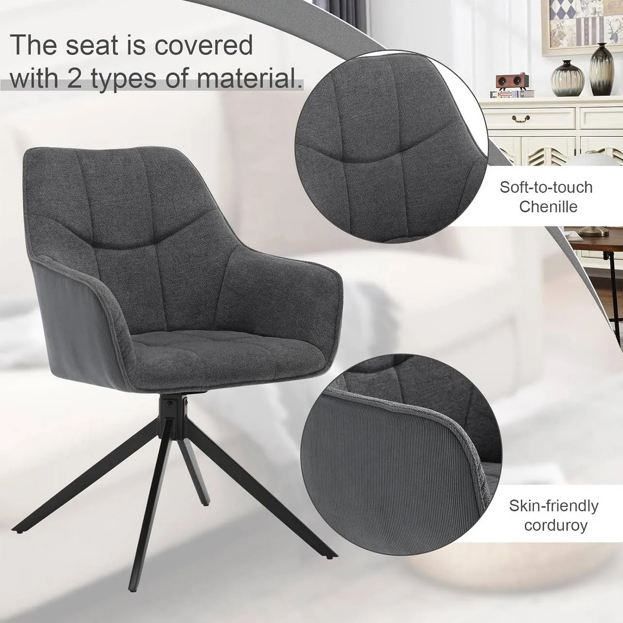 Rootz Swivel Dining Chair - Padded Chair - Ergonomic Seat - 360° Rotatable - Versatile Use - 58cm x 86cm x 63.5cm