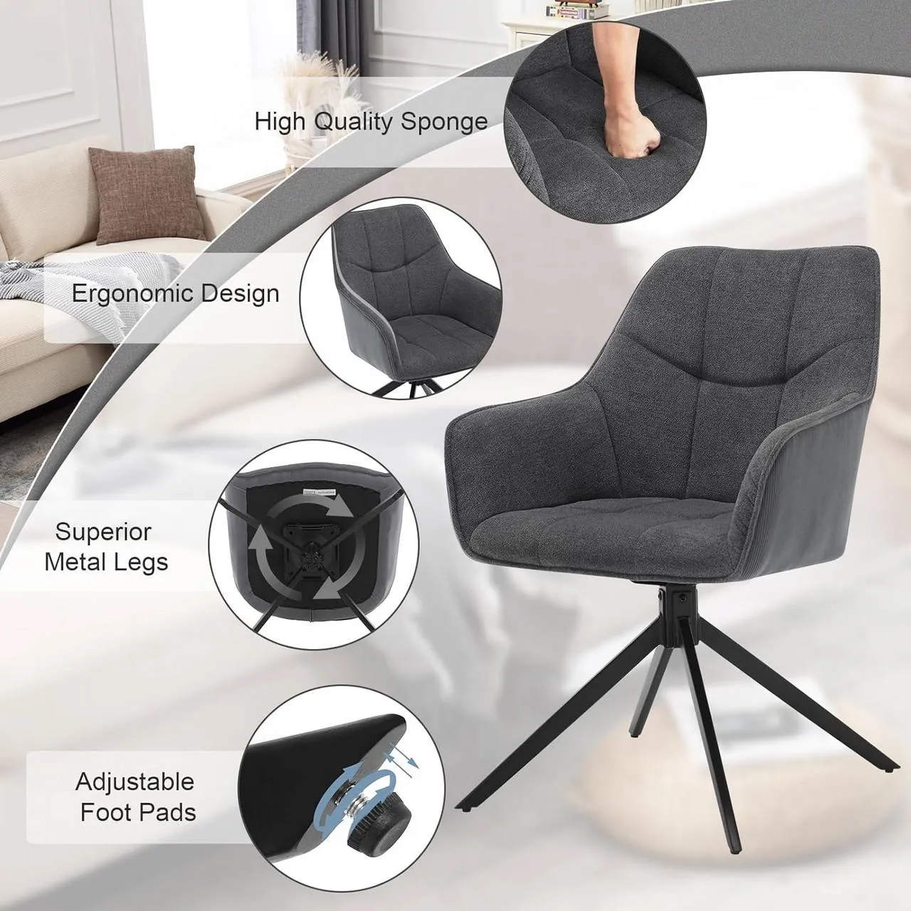 Rootz Swivel Dining Chair - Padded Chair - Ergonomic Seat - 360° Rotatable - Versatile Use - 58cm x 86cm x 63.5cm