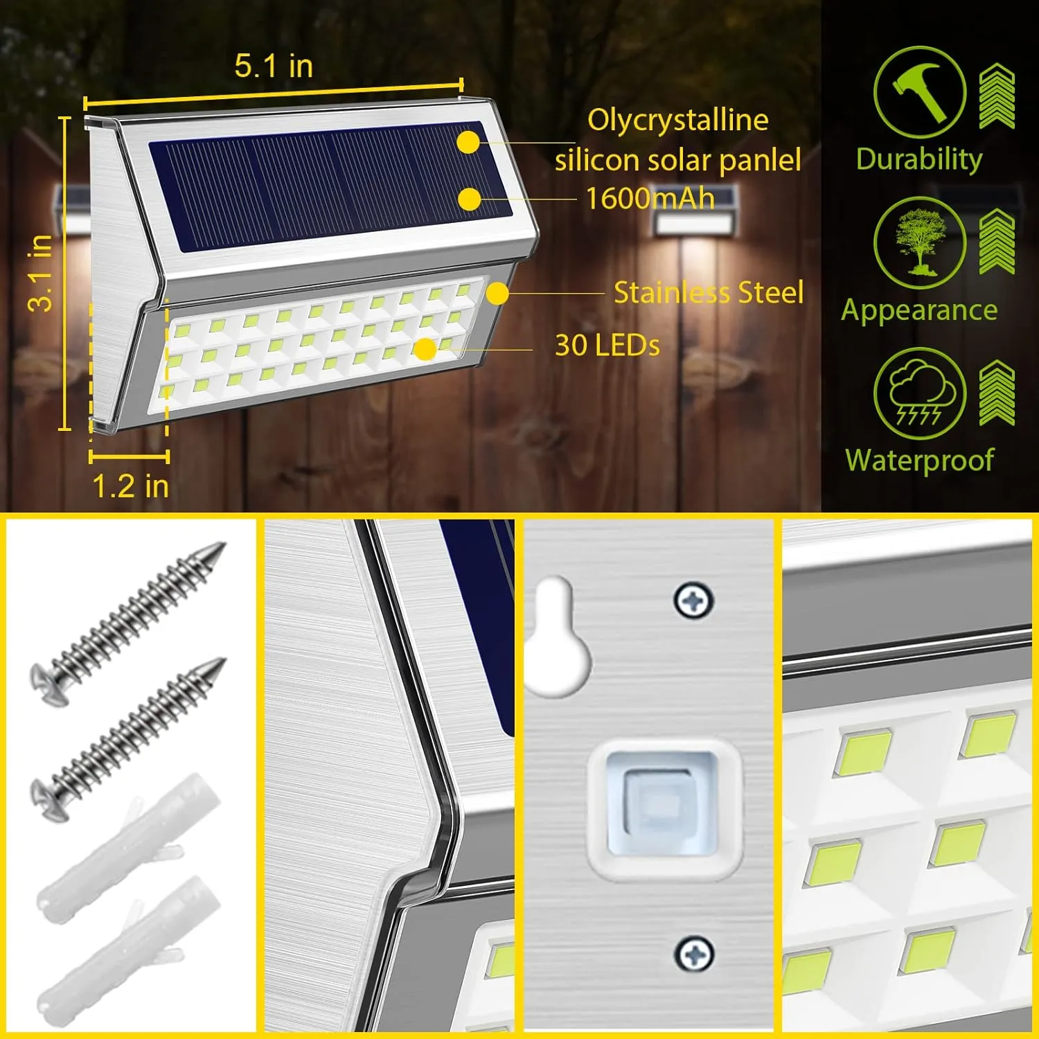ROSHWEY Solar Lights Outdoor 6 Pack 30 LED Deck Lights Solar Powered Waterproof Outside Stair Light Fence Post Lamp Outdoor Decor for Patio Step Pool Yard Walkway, Cool White Light