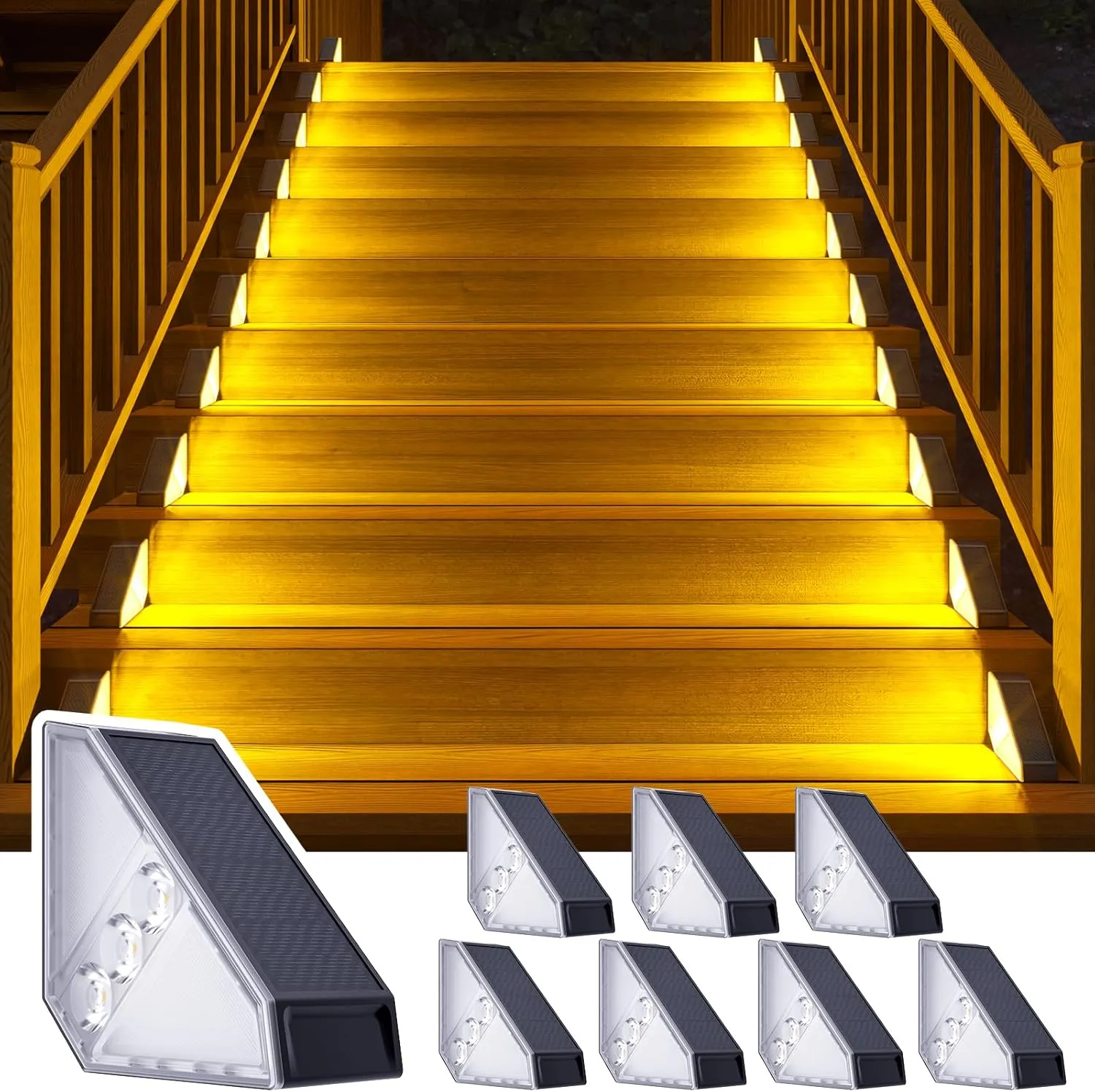 ROSHWEY Solar Step Lights Outdoor Waterproof, 8 Pack Triangle Solar Stair Lights for Outside, LED Deck Light Outdoor Decor Lighting for Patio Porch Backyard, Warm White