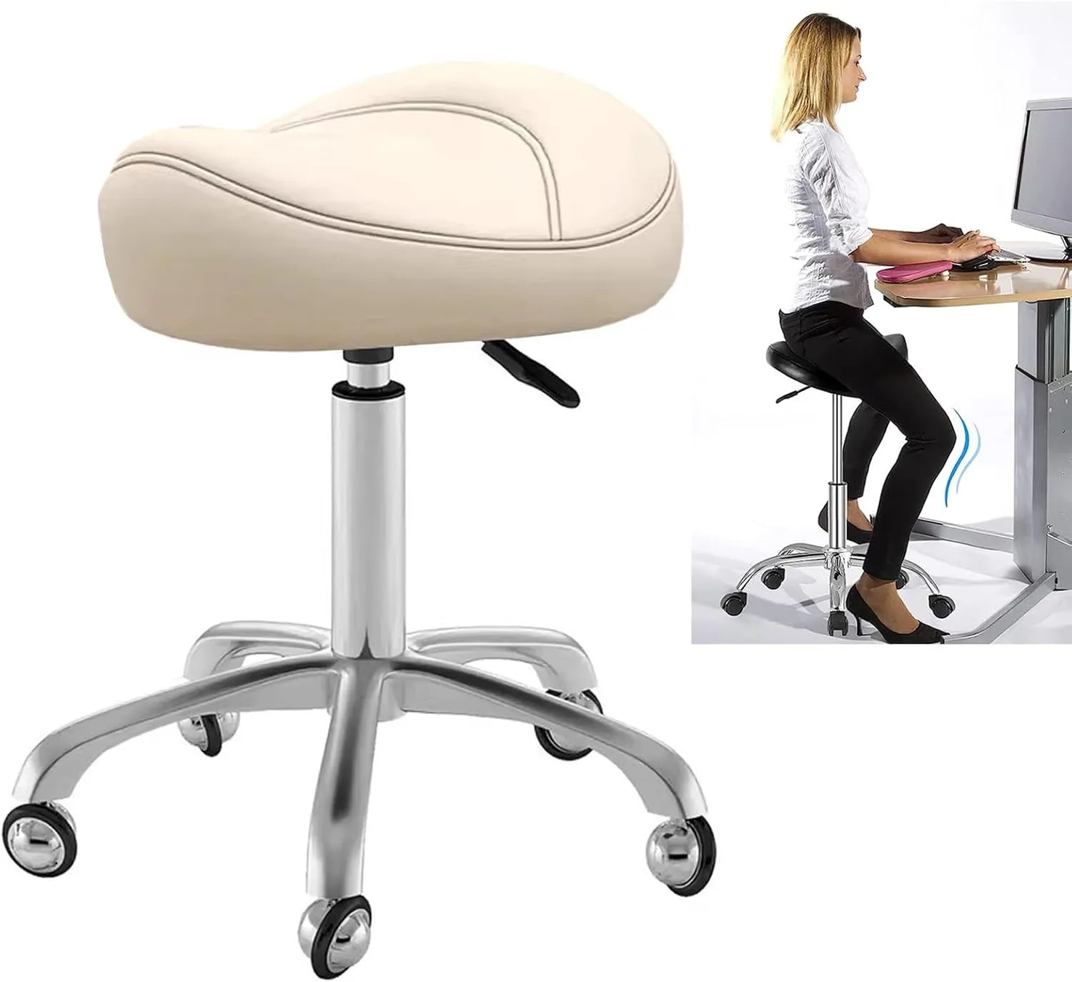 Saddle Seat Salon Chair - Adjustable and Comfortable Ergonomic Office Stool for Dental Hygienist, Massage Workshop, Home Office (Beige)