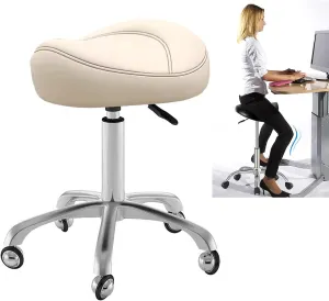 Saddle Seat Salon Chair - Adjustable and Comfortable Ergonomic Office Stool for Dental Hygienist, Massage Workshop, Home Office (Beige)