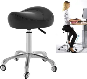Saddle Seat Salon Chair - Adjustable and Comfortable Ergonomic Office Stool for Dental Hygienist, Massage Workshop, Home Office (Black)