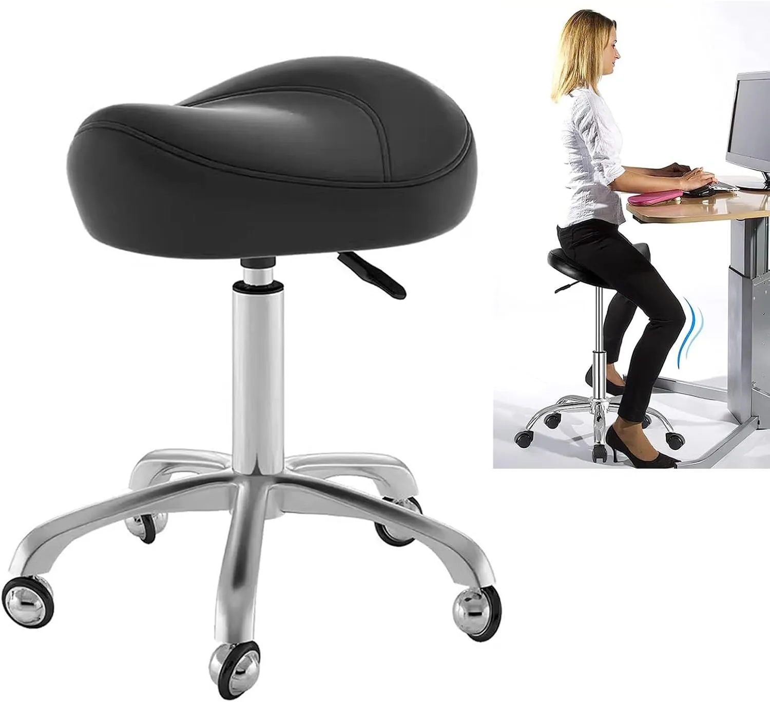 Saddle Seat Salon Chair - Adjustable and Comfortable Ergonomic Office Stool for Dental Hygienist, Massage Workshop, Home Office (Black)