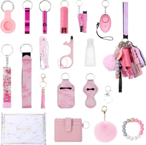 Safety Keychain Set for Women Girls, 18-in-1 Keychain Accessories Kit with Personal Alarm Whistle Card Wallet Pompom