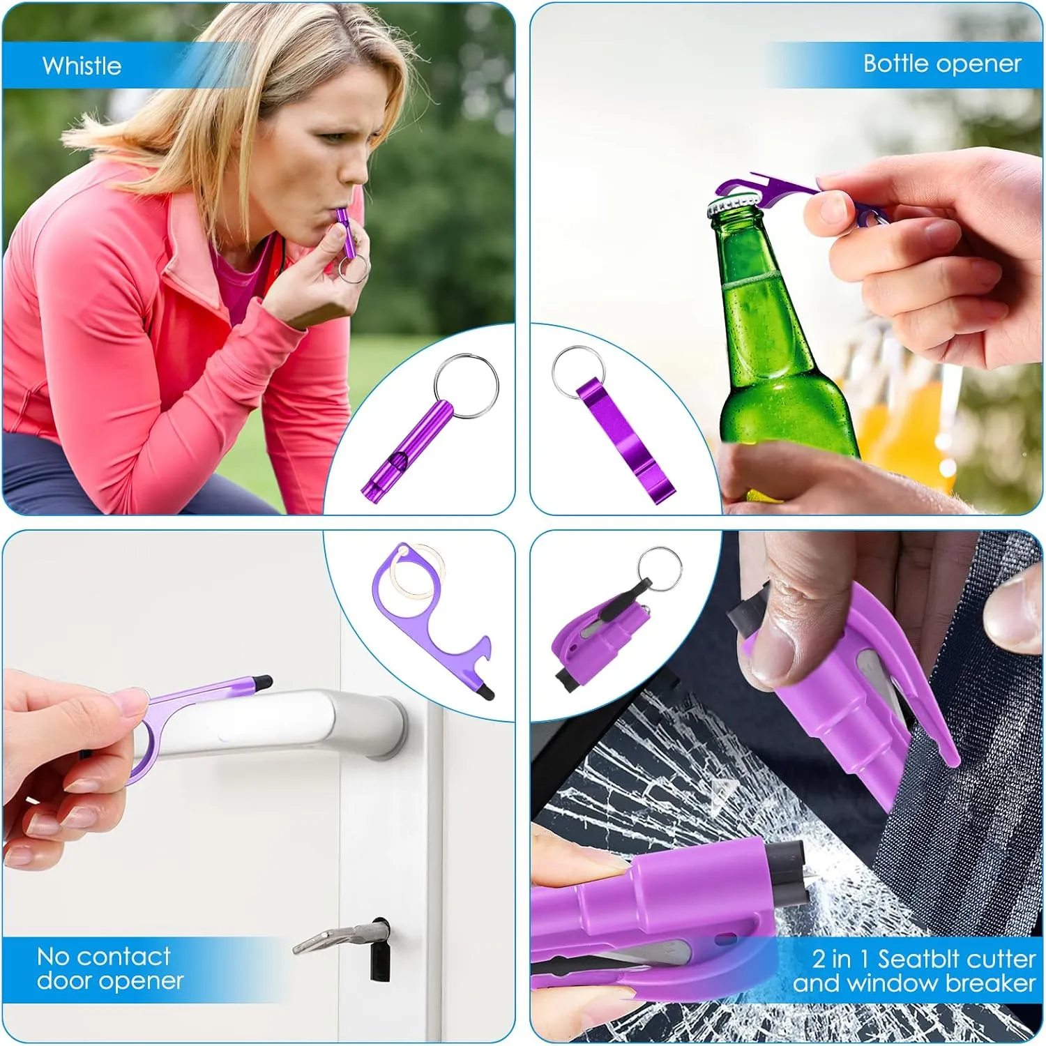 Safety Keychain Set for Women, with Personal Alarms, Bottle Opener, Pom Pom, Mirror, Whistle, Bead String, Card Bag