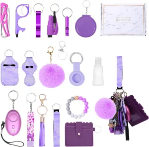 Safety Keychain Set for Women, with Personal Alarms, Bottle Opener, Pom Pom, Mirror, Whistle, Bead String, Card Bag