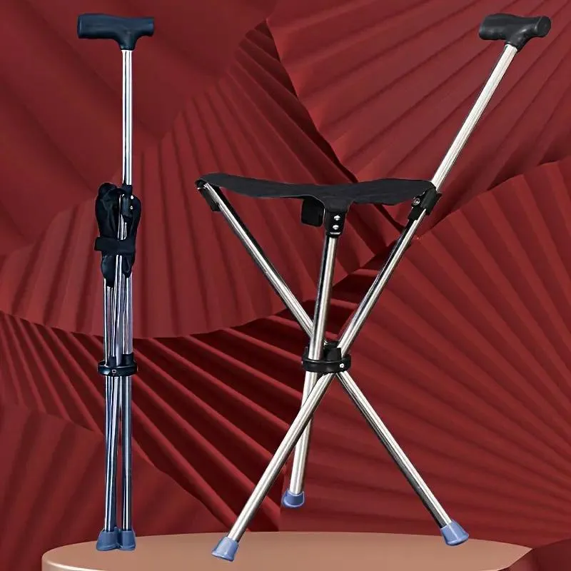 Safety Stainless Steel Walking Stick With Seat Folding Cane Parents Hiking Chair