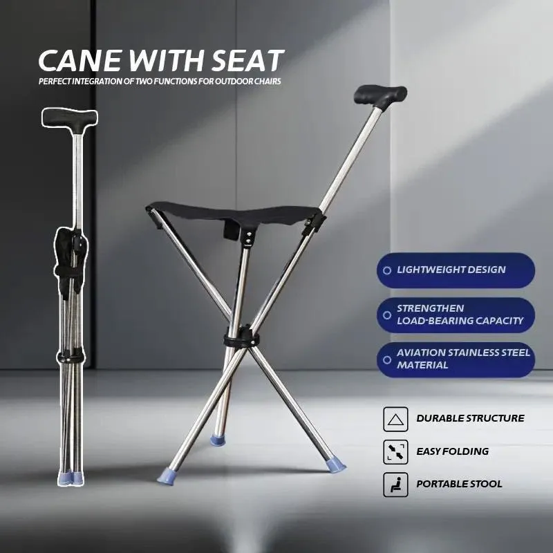 Safety Stainless Steel Walking Stick With Seat Folding Cane Parents Hiking Chair