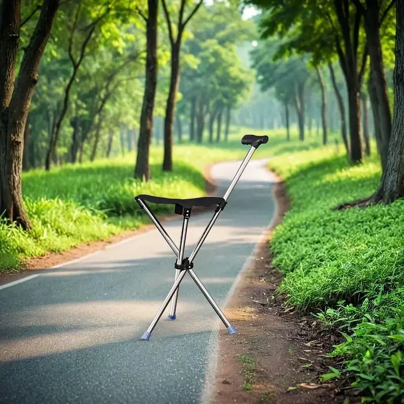 Safety Stainless Steel Walking Stick With Seat Folding Cane Parents Hiking Chair