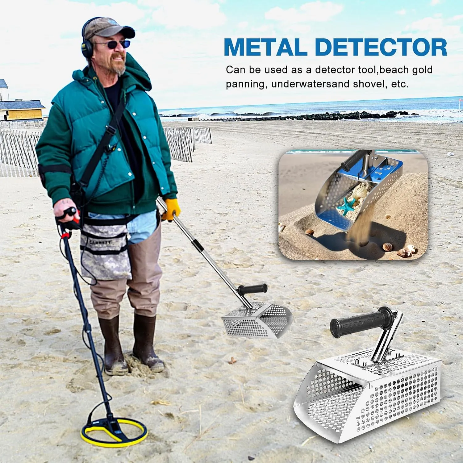 Sand Scoop for Metal Detecting - Metal Detector Sand Flea Rake for Beach with Anti Slip Handle Heavy Duty Stainless Steel Sand Sifter Shovel with Long Handle Ideal for Underwater Treasure Hunting