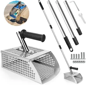 Sand Scoop for Metal Detecting - Metal Detector Sand Flea Rake for Beach with Anti Slip Handle Heavy Duty Stainless Steel Sand Sifter Shovel with Long Handle Ideal for Underwater Treasure Hunting
