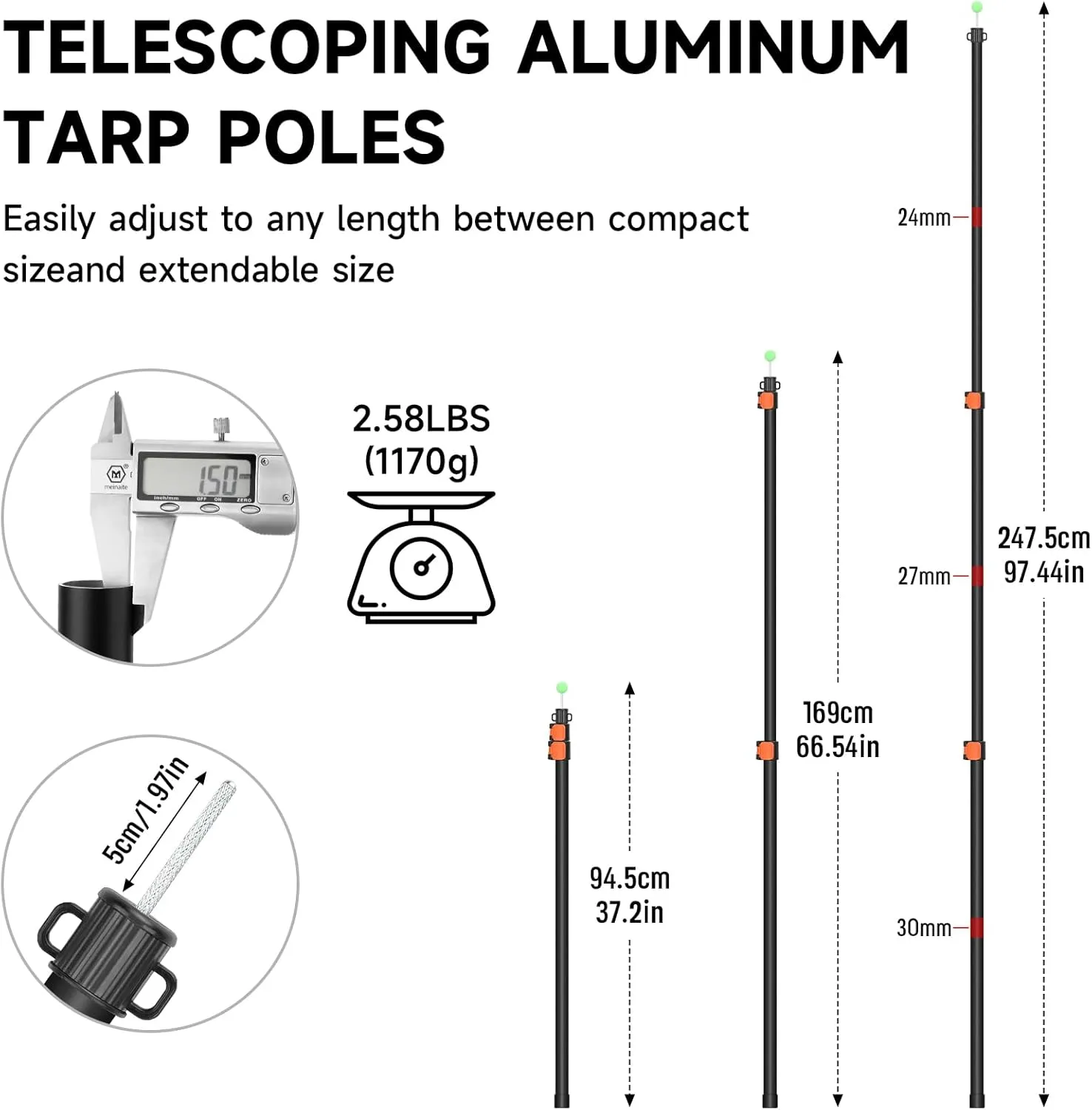 SANLIKE Tarp Poles Heavy Duty Telescoping 97" Adjustable Aviation Aluminum Canopy Rods Lengthen Thicken with Protection Cap Portable Poles for Tent Fly Awning Camping Hiking Set of 2